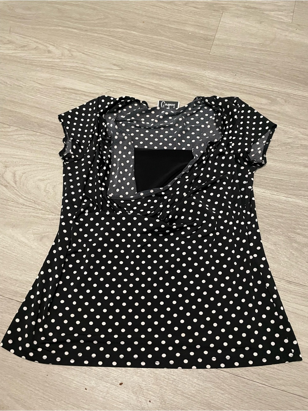 Polka Dot Short Sleeve Cowl Neck Top - Black/White